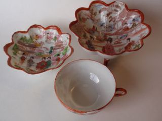 Vintage Hand Painted Japanese Tea Cup Footed Bowl Set Geisha Blossoms 