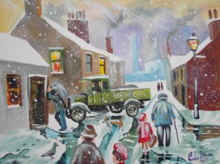coal man street scene winter snow original painting Gordon Bruce art
