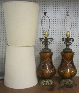   Set of 2 Gilded Amber Hurricane Bubble Glass End Table Lamps