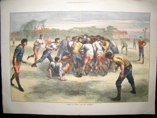 Rugby 1871 Large Folio Antique Hand Coloured Print The Last Scrimmage 