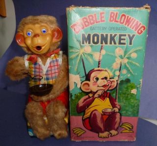 Working Vintage Bubble Blowing Monkey B O Battery Operated Toy w Box 