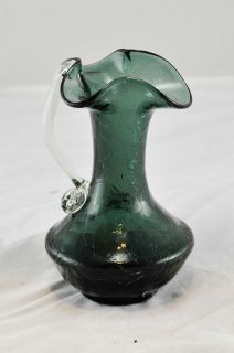Green Glass Bud Vase Scalloped Neck Crackled Glass