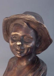 EXPRESSIVE BRONZE BUST w. YOUNG PEASANT BOY c. 1900