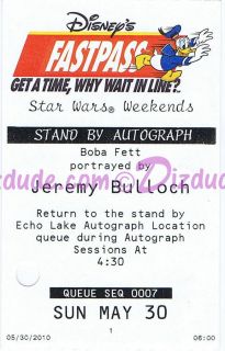 Official Star Wars Weekends 2010 Fastpass for Jeremy Bulloch (Boba 