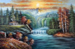   Hunting Fishing Lodge Stream Cabin Waterfalls 24X36 Oil Painting