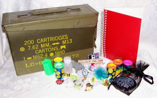 Geocache Metal Ammo Case with Notebook, Pencil, and Trinkets