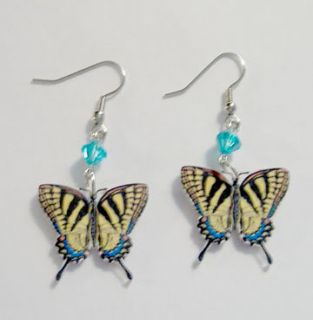 Tiger Swallowtail Butterfly Aqua Beads Dangle Earrings