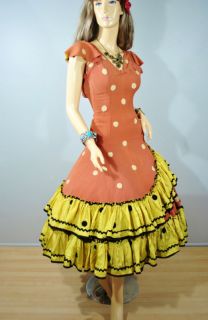 Vtg 40s 50s Flamenco Dancer Polka Dot Dress Spanish Gypsy Boho Gown 