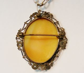   Deco 800 Fine Silver Carved Cameo Brooch Necklace w Chain