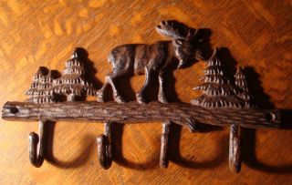 Cast Iron Moose with Pine Trees 4 Hook Rack Cabin Lodge Kitchen 