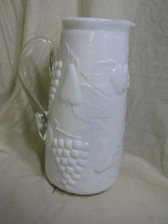 Old Milk Glass Tall Pitcher Fruit Raised Applied Handle