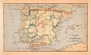   Antique Map Spain Portugal Madrid Aragon Castile Andalusia Cadiz