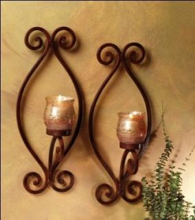 Tuscan Iron Metal and Amber Wall Candle Sconce Set 2