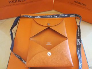 NEW Hermes Calvi Mini Wallet Credit Card Holder RARE Hermes Orange Hot 