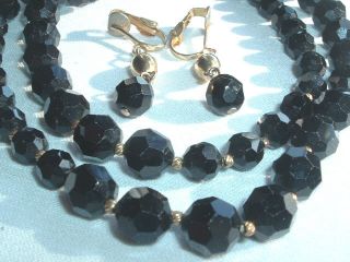 Vintage Marvella Jet Black Faceted Glass Bead Single Strand Necklace 