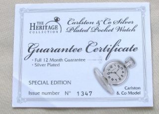   Collection Silver Plated Pocket Watch Carlston & CO Model Certificate