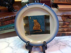 RARE Carol Endres cat moon primitive art plate with plate hanger