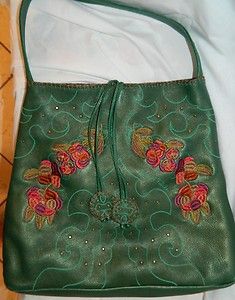 Carlos Falchi Deep Emerald Green Pebble Leather Embroidered Studs Tote 
