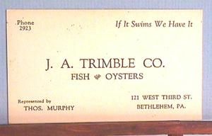 1930S J A TRIMBLE CO 2 SIDED BUSINESS CARD PRODUCE FISH & OYSTERS 