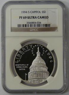 1994 S NGC PF69 Capitol Proof Commemorative Silver Dollar Coin