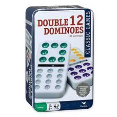 Features of Cardinal Double 12 Color Dot Mexican Train Dominoes in Tin