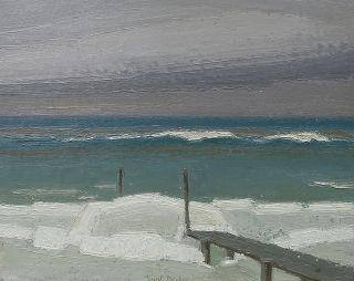 Becker. Powerful expressionist oil. Winter beach with bathing bridge 