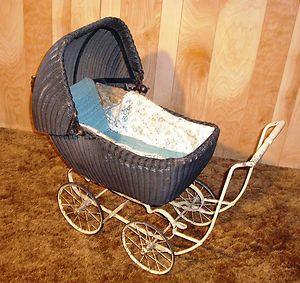   Vintage 1936 1939 Black Rattan Wicker Baby Doll Carriage