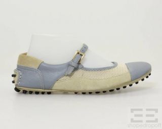 Car Shoe for Prada Beige Mesh Blue Leather Mary Jane Flats Size 37 5 