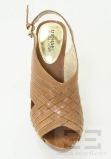   Michael Kors Tan Woven Leather & Studded Carly Sandal Wedges Size 6.5M