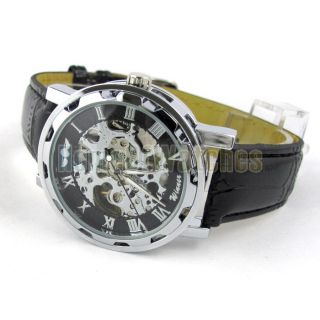   Transparent Skeleton Black PU Band Automatic Mechanical Wrist Watch