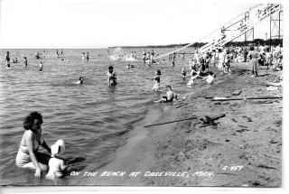 beach at caseville michigan real photo postcard 1951 postally used in 