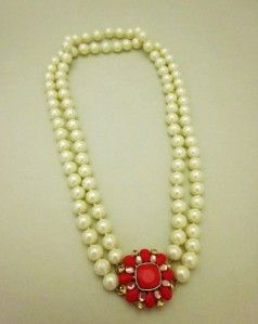 Carolee Glass Pearl Red Flower with Crystal Charm Party Necklace