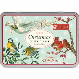 Cavallini Company Gift Tags Birds Christmas Glittered in Tin GT CHRBRD 