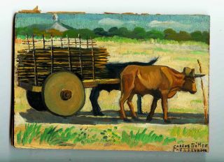 Sgnd Oil Painting Oxen Cart Carlos Gomez San Salvador