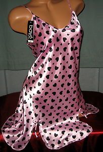 Carnation Pink Black Hearts Chemise M L Short Gown Nighty Nightgown 