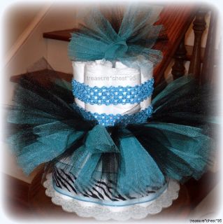 Blue Zebra Tutu Diaper Cake Baby Shower Centerpiece Matching Headband 