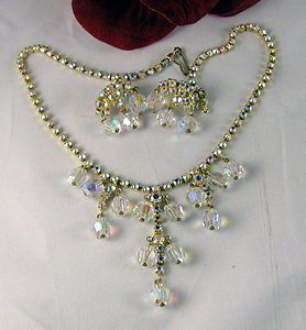   AB Rhinestone Crystal Necklace Clip on Earrings Set Cat Rescue
