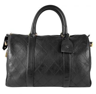 CHANEL Black Quilted Lambskin Leather Boston Bowler Tote Handbag