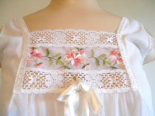 Vintage Long White Double Nylon Chiffon Embroidered Bust Nightgown S 