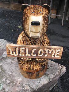 Chainsaw Carved Bear  20 tall w/ Welcome / Go away sign.**NEW**