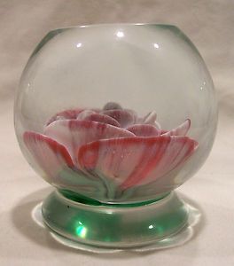 Charles Gibson Glass Pink White Rose Flower Paperweight Sulfide 