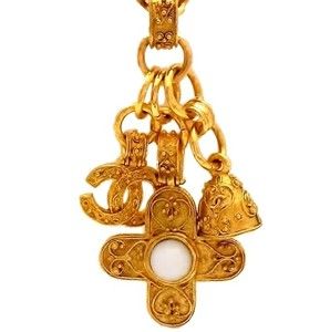 Authentic Vintage Chanel Necklace Chain CC Logo Cross Bell Pendant 