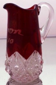 RARE Antique Bohemian Ruby Crystal Cut Etched Glass Pitcher Celeron NY 