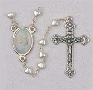  ROSARY WHITE HEARTS WITH DOVES AND RINGS AT CENTER SILVER CROSS ITALY