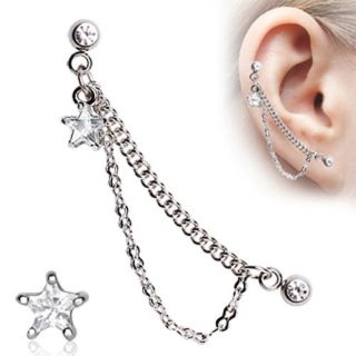   16 Star Double Chained Cartilage Ring Dangling Stud Earring A82