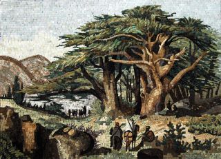 Landscape Cedar Trees Marble Mosaic Art Mural Lebanon Beirut