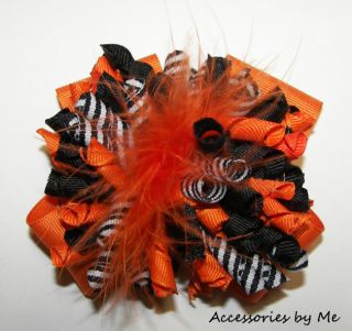   ~Tigers Orange Black~Girls Curly Korker Marabou Hair Bow~Cheer Clip