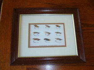 FRAMED PRINT OF TRADITIONAL SALMON FLIES MATTED MAHOGANY FINISHED PINE 