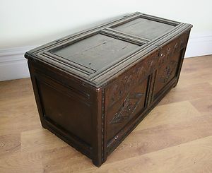 Antique Small Charles II English Oak Coffer Blanket Box Mule Chest 