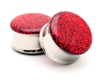 Pair of Embedded Cherry Glitter Plugs gauges Choose Size new